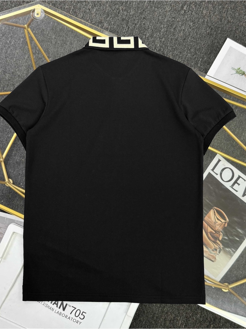 Versace Black Polo with Cream Geometric Collar and Gold Medusa Emblem - Picture 2 of 6